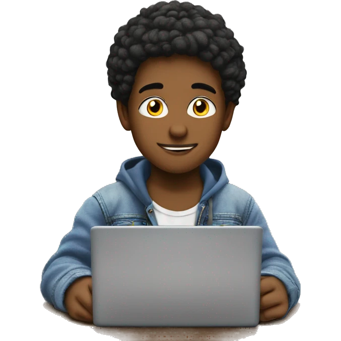 A kid boy was editing in his laptop with his background setup on the wall written alaf Work starts here emoji