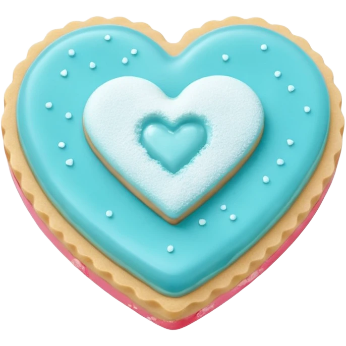 Realistic shortbread cookie in the shape of a heart with Tiffany blue color jelly middle filling and sprinkled powder sugar on top. emoji