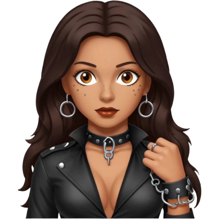 Tan skin with freckles, long dark hair, hazel eyes Dominatrix with handcuffs emoji