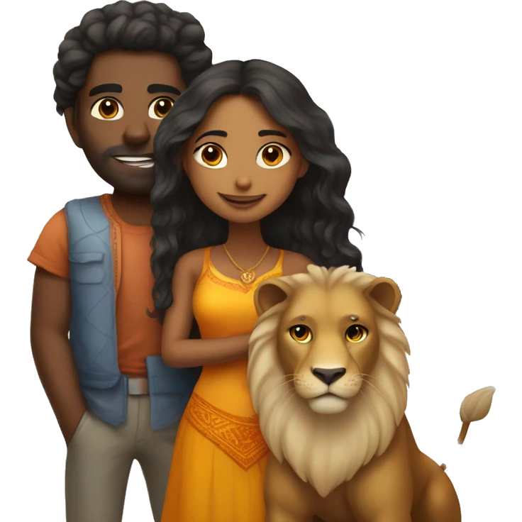 indian girl and black man in love picture with a pet lion emoji