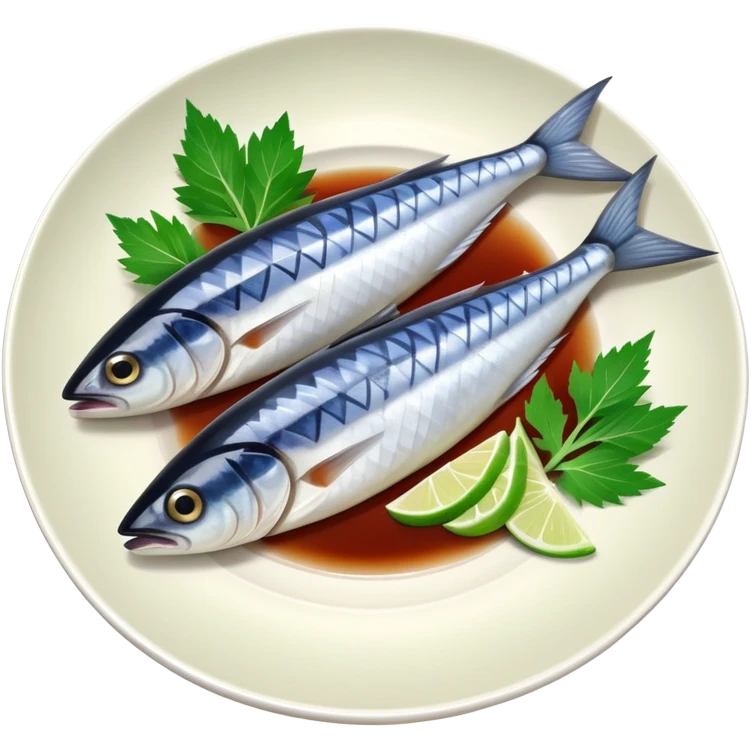 mackerel sashimi on a plate with shiso leaf and wasabi emoji