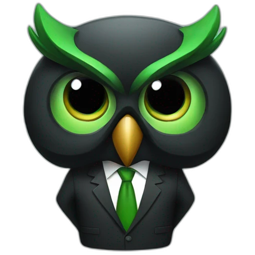 hyped black and green owl in a suit emoji