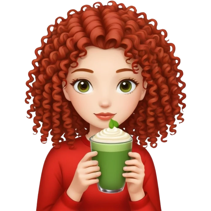 Girl whit curl hair and long lashes love matcha wearing red top emoji