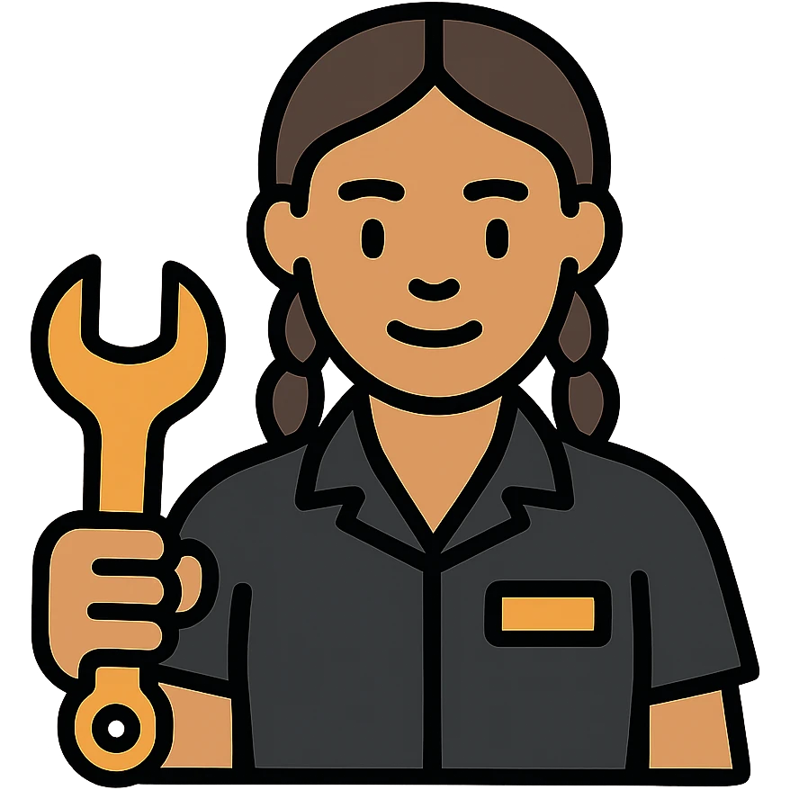 A 40-year-old Latina woman with light brown skin, two braids pulled back, dressed in all black mechanic scrubs, working as an auto mechanic emoji