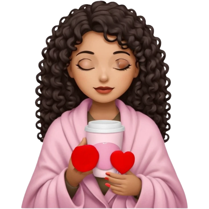 hispanic woman, brown skin, black long 3b curls, closed eyes, feminine face, holding soft pink coffee cup with beige blanket over shoulders, correct fingers, no eyeshadow emoji