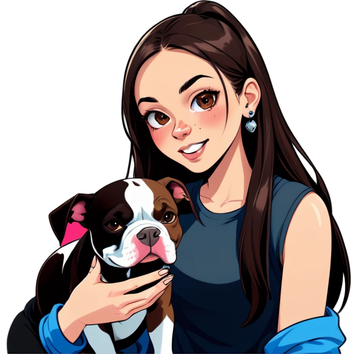 Slightly overweight beautiful girl with choppy long dark hair with her nose piercing and her black iPhone with her her pet pit bull girl with an underbite layed next to her emoji