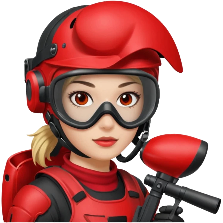 girl playing paintball with red paintball gear and only face emoji