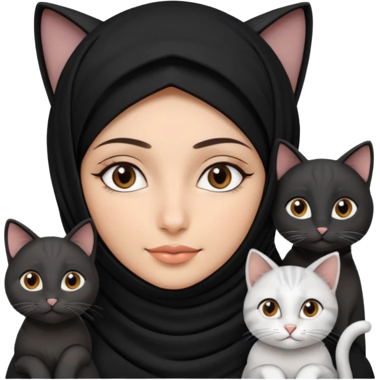 A Arabic woman human with brown eyes and black hijab. and three cats, two cats black and white and one grey cat  emoji