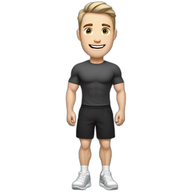 Joyful Pale skinned Fit Man With the biceps and dark brown hair in black shirt, gray sports shorts and white Sneakers emoji