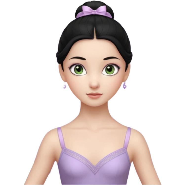Cinematic Realistic ballerina Light Purple Portrait, depicted with lifelike skin texture, subtle rosy undertones, and soft natural lighting that enhances the gentle contours of her face. Her intricately detailed sweet black hair is elegantly styled, green eyes emoji