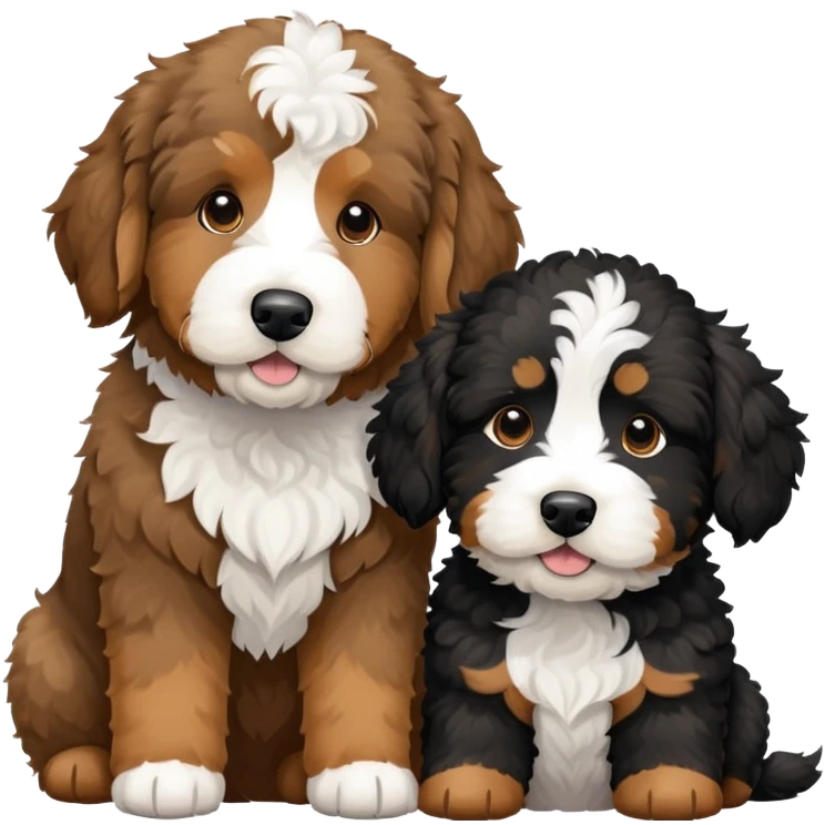 2 dogs: one light brown u, one Bernedoodle all black with white eyebrows some white markings, no brown coloring. Both same size. emoji