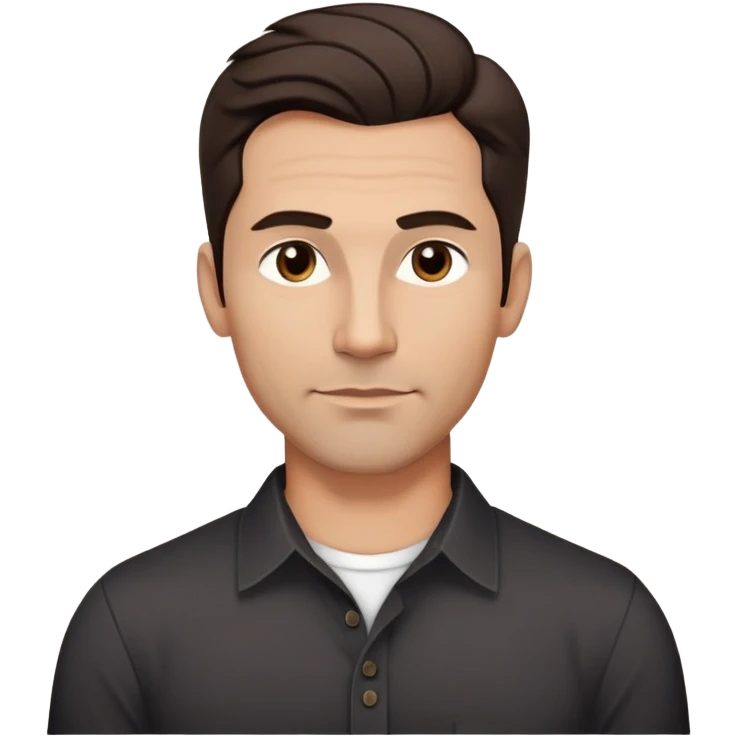Youthful-looking athletic 40-year-old man with light brown skin, elongated face, defined jawline, attractive features, medium dark eyes, arched eyebrows, straight nose, confident expression, medium wavy dark hair with modern style, wearing a black buttoned-up shirt emoji
