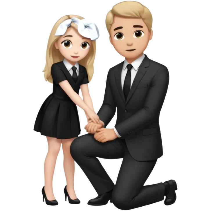  Sabrina carpenter kneeling down wearing a black dress with a tie, putting her hand on man’s leg who is standing  emoji