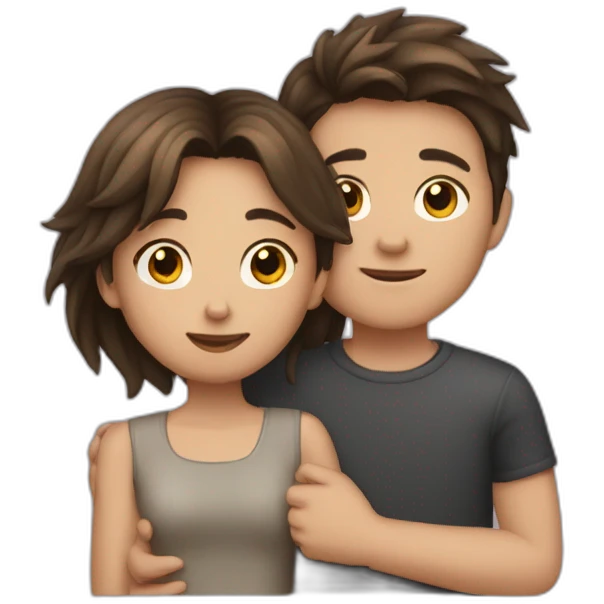 Girl with wolfcut and boy with brunette hair hugging emoji