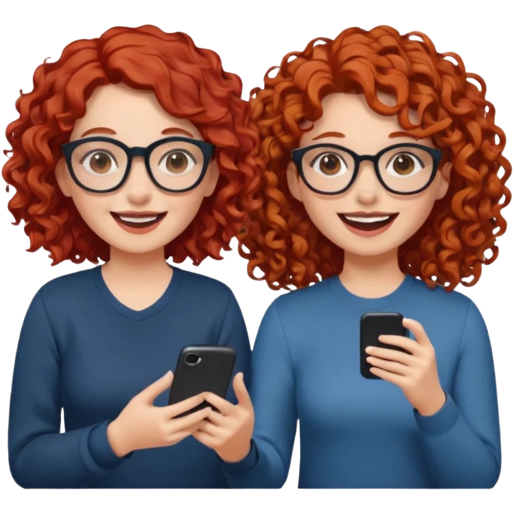two girls. both white, one with curly red hair and glasses. one with curly brown hair. both giggling while doing a podcast emoji