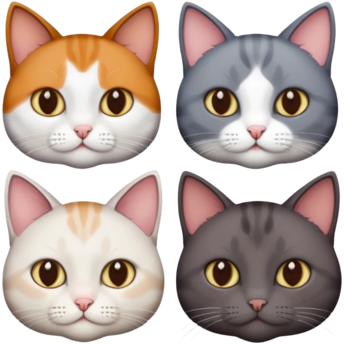 4 different coloured short haired cats including; a dark brown and white cat, and a dark grey and white  emoji