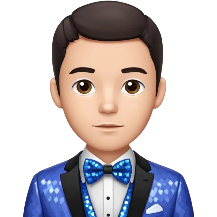 Jonathan Bailey with dark brown hair, perwinkle sequin suit with bow tie emoji
