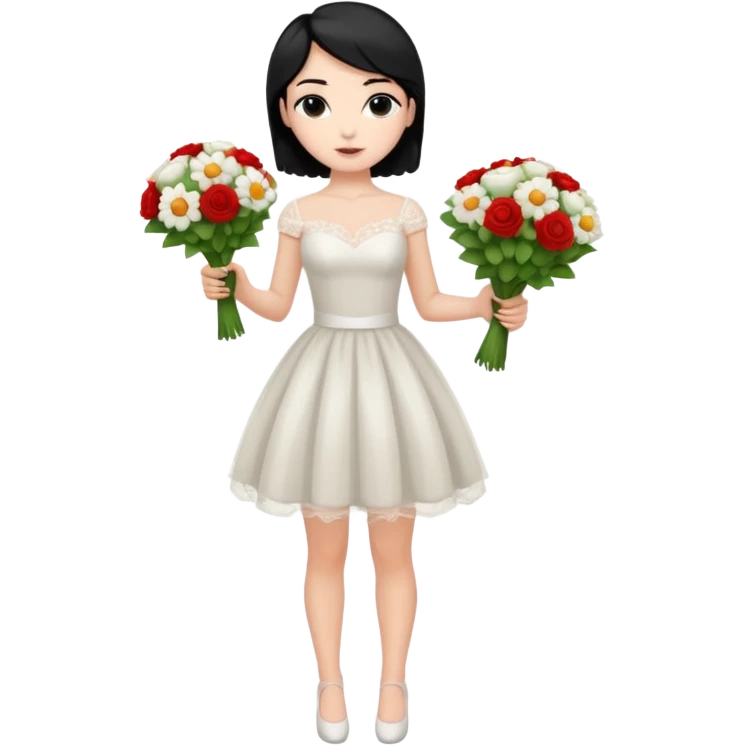 Chica blanca,cuerpo entero, vestido boda corto, pelo negro y recogido ramo de flores emoji