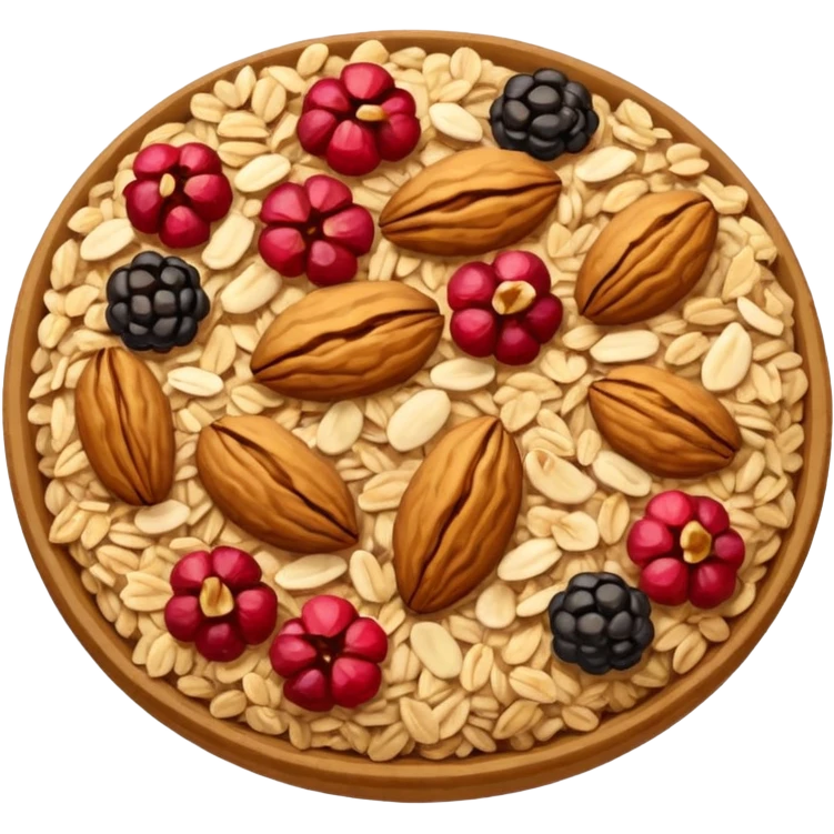 granola small cluster with rolled oats, crisped clusters, nuts, seeds, dried fruit, golden brown to beige colors, red or dark brown hints, crunchy rustic texture, irregular shapes, no bowl, yogurt, spoon, or faces, clean 3D style, soft shadows, transparent background, emoji scale emoji