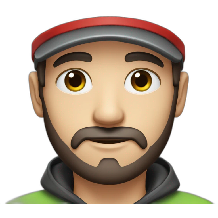 Man, thin face, dark brown beard, 10cm long, up to his nose, protruding ears, green eyes, wearing black and red cap. emoji