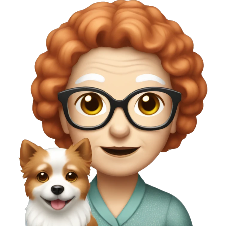 old lady with red hair and glasses holding a cute white pomerania emoji