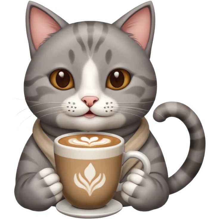 Happy gray Cat holding in its front two paws an hot latte emoji