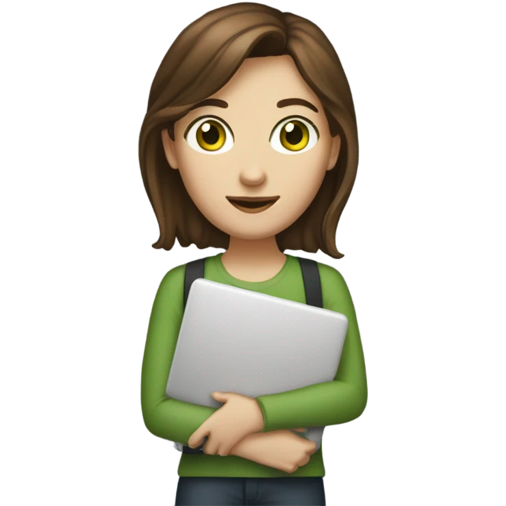 Web designer carrying a computer in her hands. white woman with medium-length brown hair, green eyes and freckles on her nose. emoji