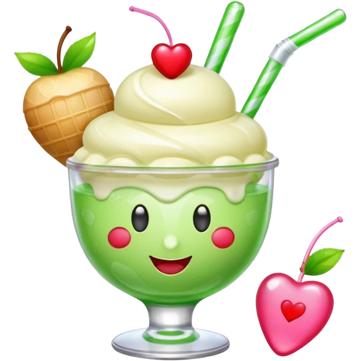 Create an emoji with a clear rounded glass, bright transparent green soda, vanilla ice cream scoop, two red cherries, pink heart-shaped straw, simple shapes, bright colors, glossy, kawaii style, centered, transparent background
 emoji