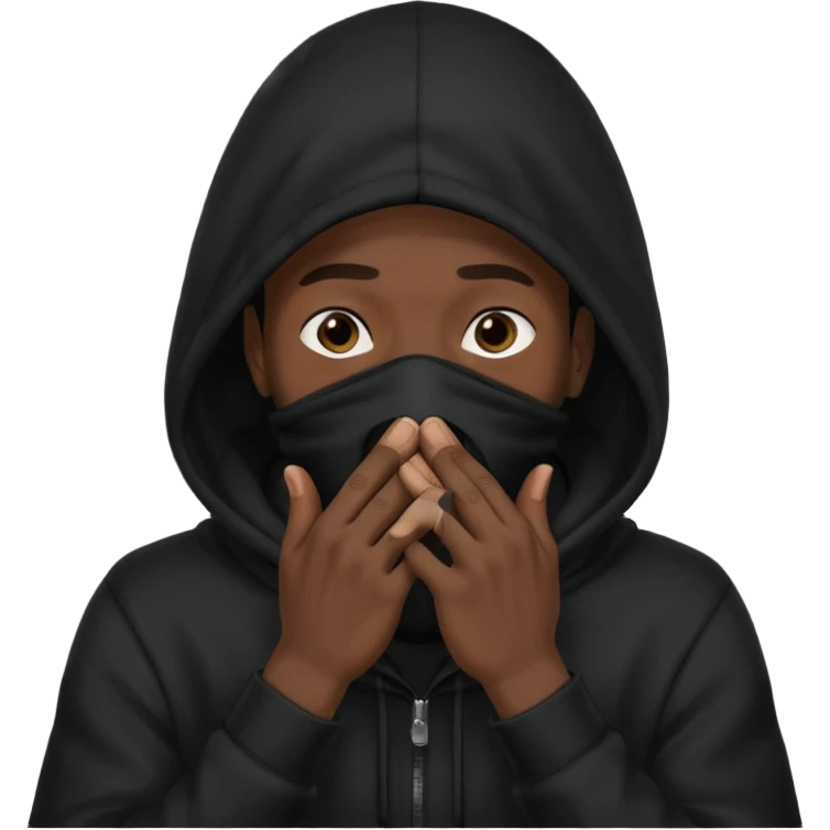 fait un homme noir avec une cagoule noir qui couvre sa tête, ses mains doivent être sur sa bouche comme si il se la cachait  emoji