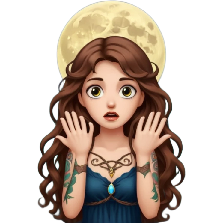 shocked forest mystic woman long wavy brown hair tattoos wide eyes moon glow emoji