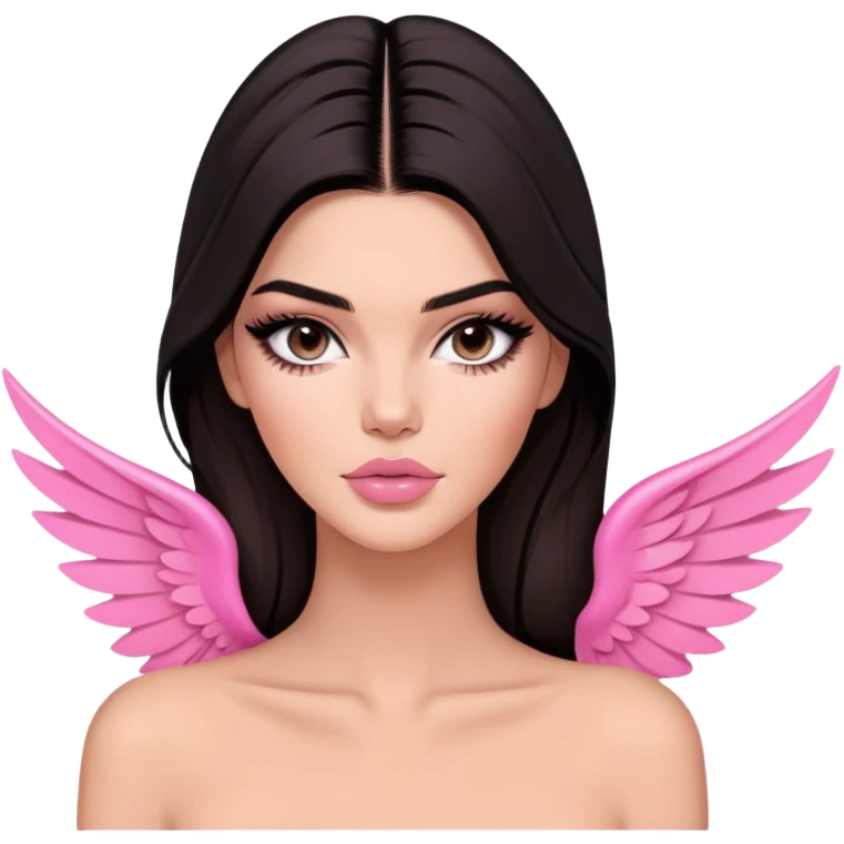 Kendall Jenner model, elongated face, long flowing dark hair, pink glossy lips, pink blush on cheeks, dramatic winged eyeliner, bare shoulders emoji