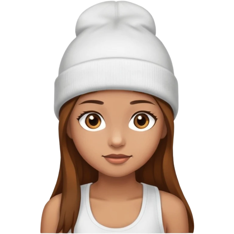 Girl with light brown skin hazel eyes long brown hair wearing a white tank top and beanie emoji