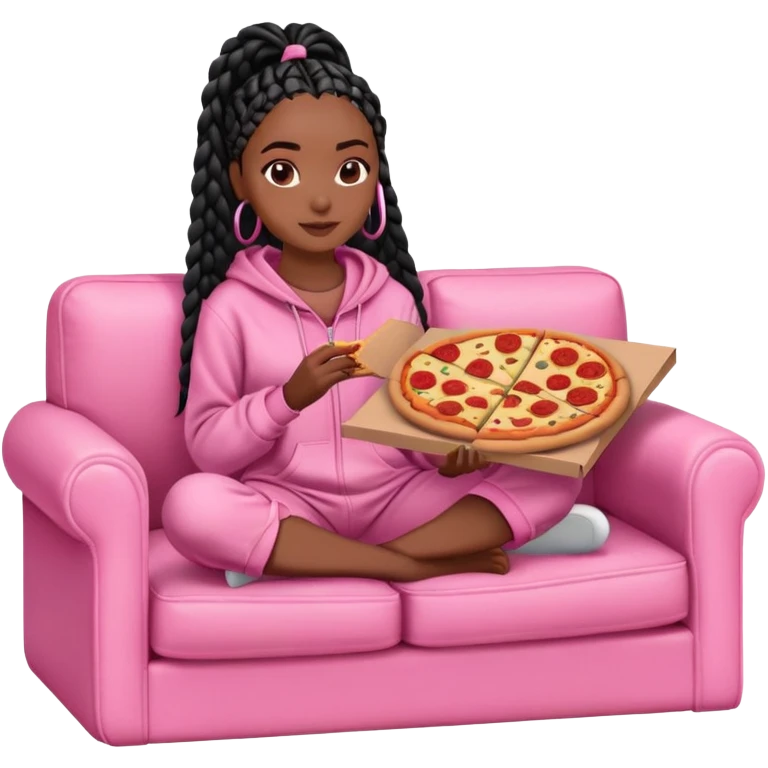 A dark-brown-skinned Black woman with black box braids, sitting on a pink couch, holding an open pizza box.She’s wearing comfy loungewear, looking relaxed and enjoying her food. emoji