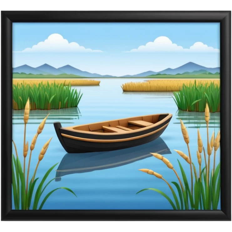 A 3D cartoon small boat floating on estuary water with nearby reeds and a distant horizon, bright lighting, realistic reflections, shown inside a simple wooden photo frame, Memoji-style rendering. emoji