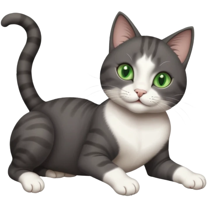 beautiful female solid dark grey cat with green eyes, white toes/paws and white patch on her chest playfully rolling upside down emoji