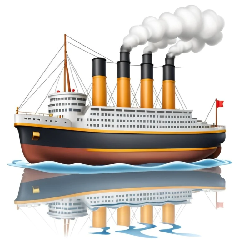 small 3D Titanic ship emoji in Apple style, glossy and bright, with simplified windows and smokestacks, floating on calm ocean, no faces, soft shadows, high-quality render, isolated on white emoji
