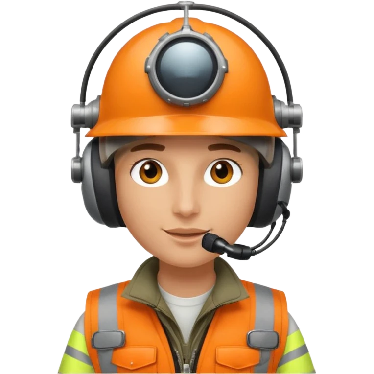 Helikopter-Flughelfer mit Oranger Weste und Helikopter Flug Helm auf dem Kopf inkl. am Helm integrierten Mikrofon vor dem Gesicht. emoji