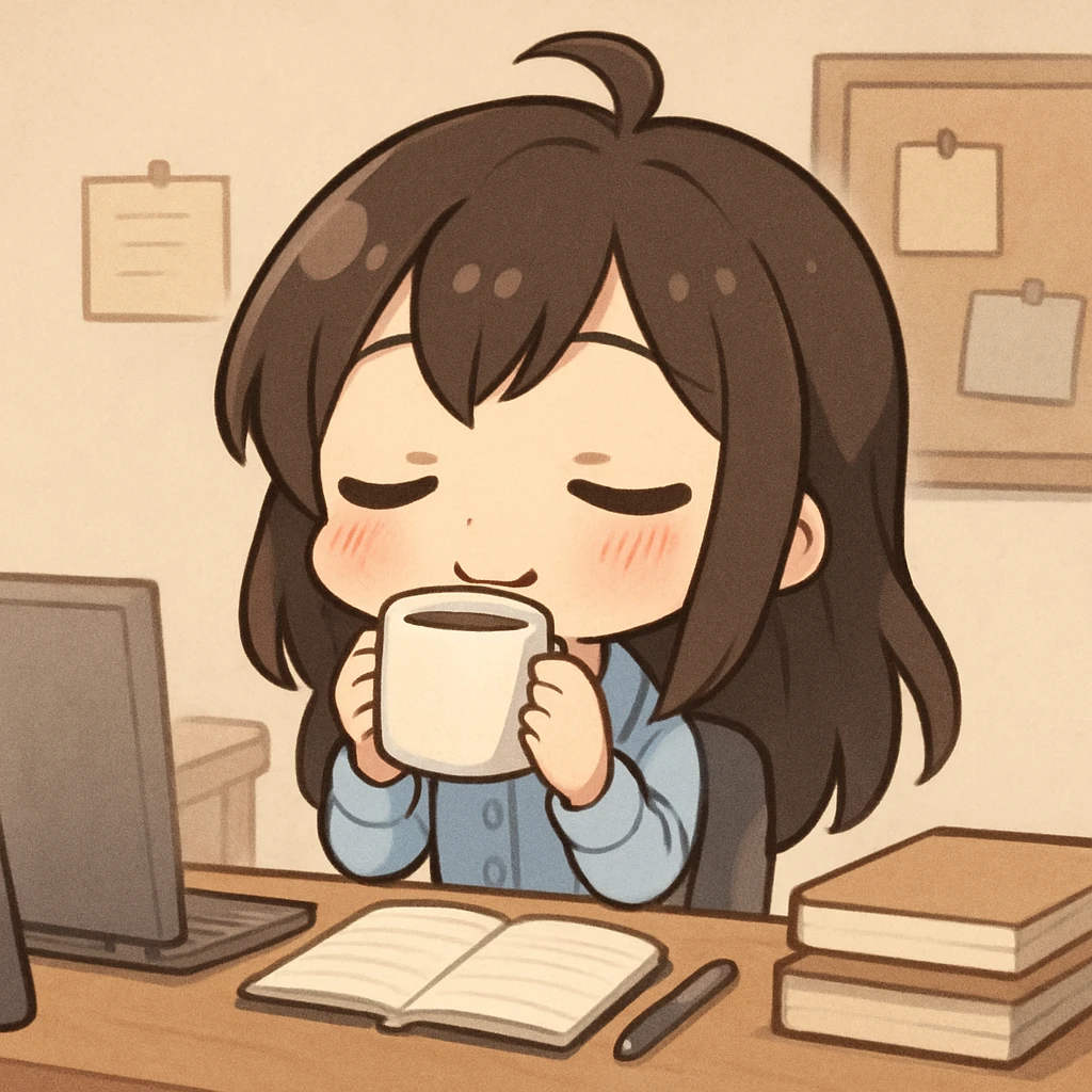 chibi girl enjoying coffee at her work desk, relaxed vibe, chibi style emoji