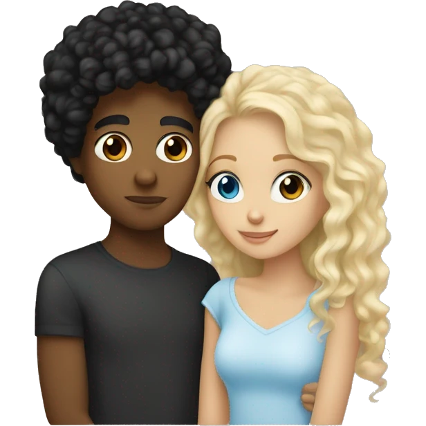 mixed girl whith curly brown and black hair kissing a white boy with blonde hair freckles and blue eyes emoji