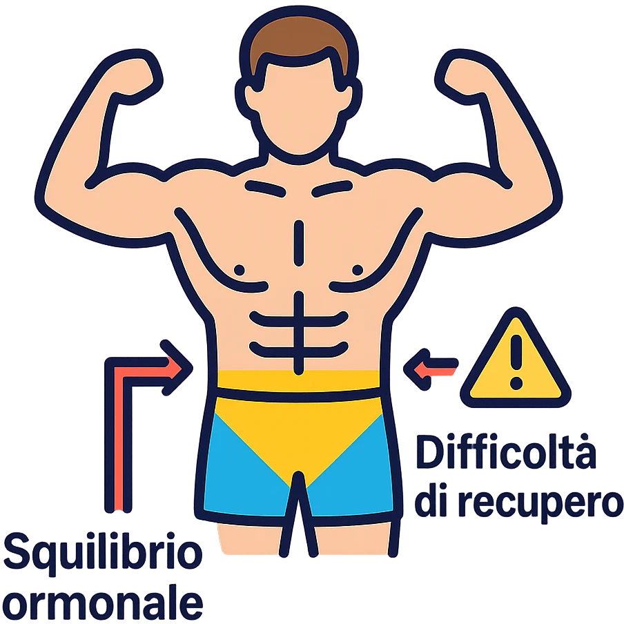 infografica in italiano, bodybuilder con zona bassa del busto evidenziata in giallo, frecce che indicano Squilibrio ormonale e Difficoltà di recupero, simbolo di attenzione, stile educativo, sfondo bianco emoji