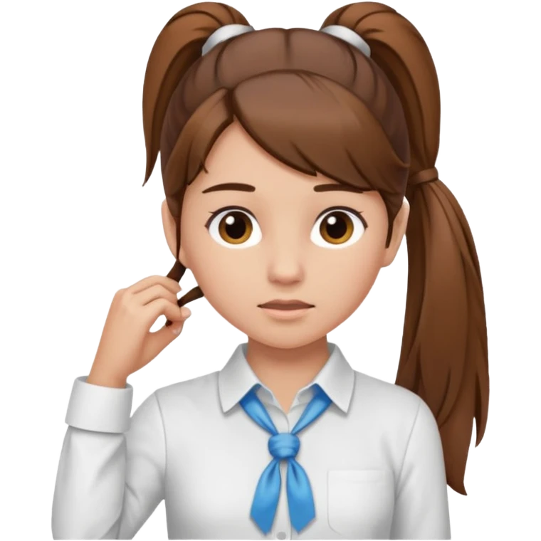 Normal skinned, tiny nosed, brown haired girl with Tying a ponytail emoji