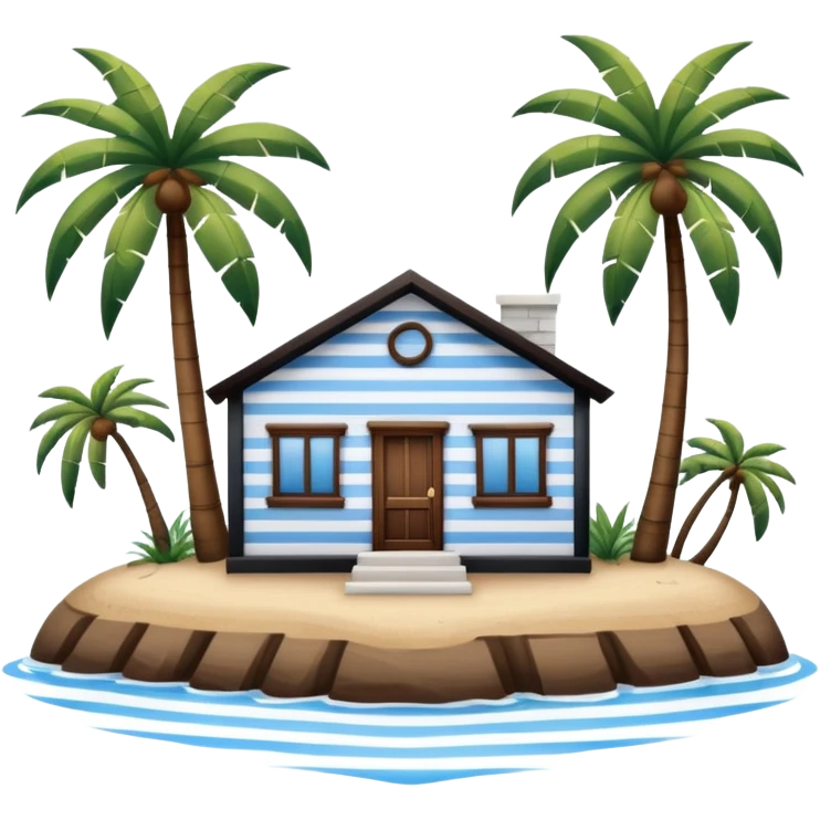 A full square no roof  white and blue stripe house horizontally with brown wooden door on a island with palm trees  emoji