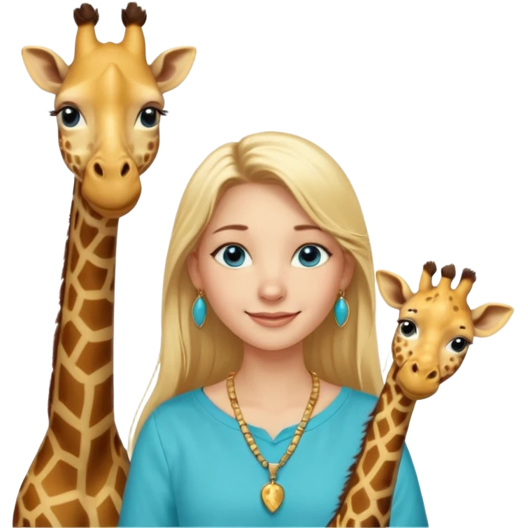 Swedish girl blonde long straigt hair blue eyes turqoise shirt gold earings, girrafe necklace gold small, long lashes smiling closed mouth emoji