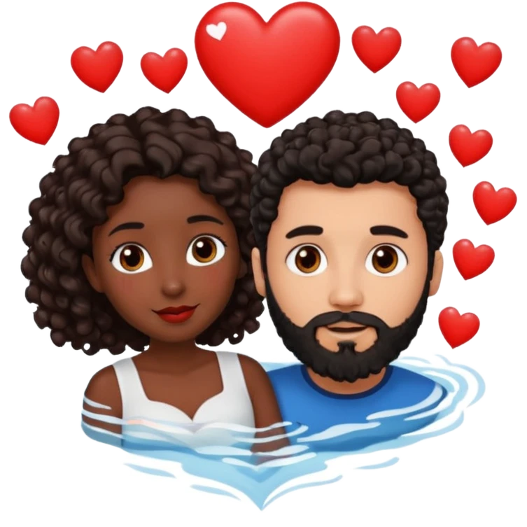 pareja de Mujer morena rizada cabello largo castaño ojos oscuros y hombre blanco cabello negro corto (no es rizado) con barba  y ojos marron al rededor de la pareja corazones emoji