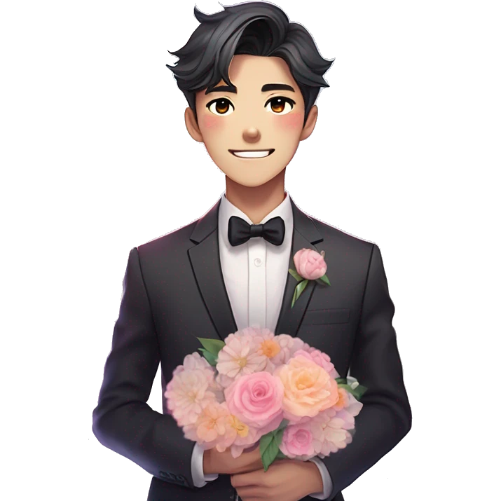 Gorgeous romantic anime style Asian formal modern gentlemanly guy with cat ears and flowers and blushing face aesthetic trending style outside with colorful gradient colors emoji