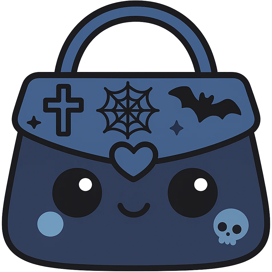 Change the color scheme to blue and black. Create a gothic kawaii purse with big eyes, smiling, cartoonish and playful style. Include gothic details like crosses, spiderwebs, bats, and skulls. Remove the background. emoji
