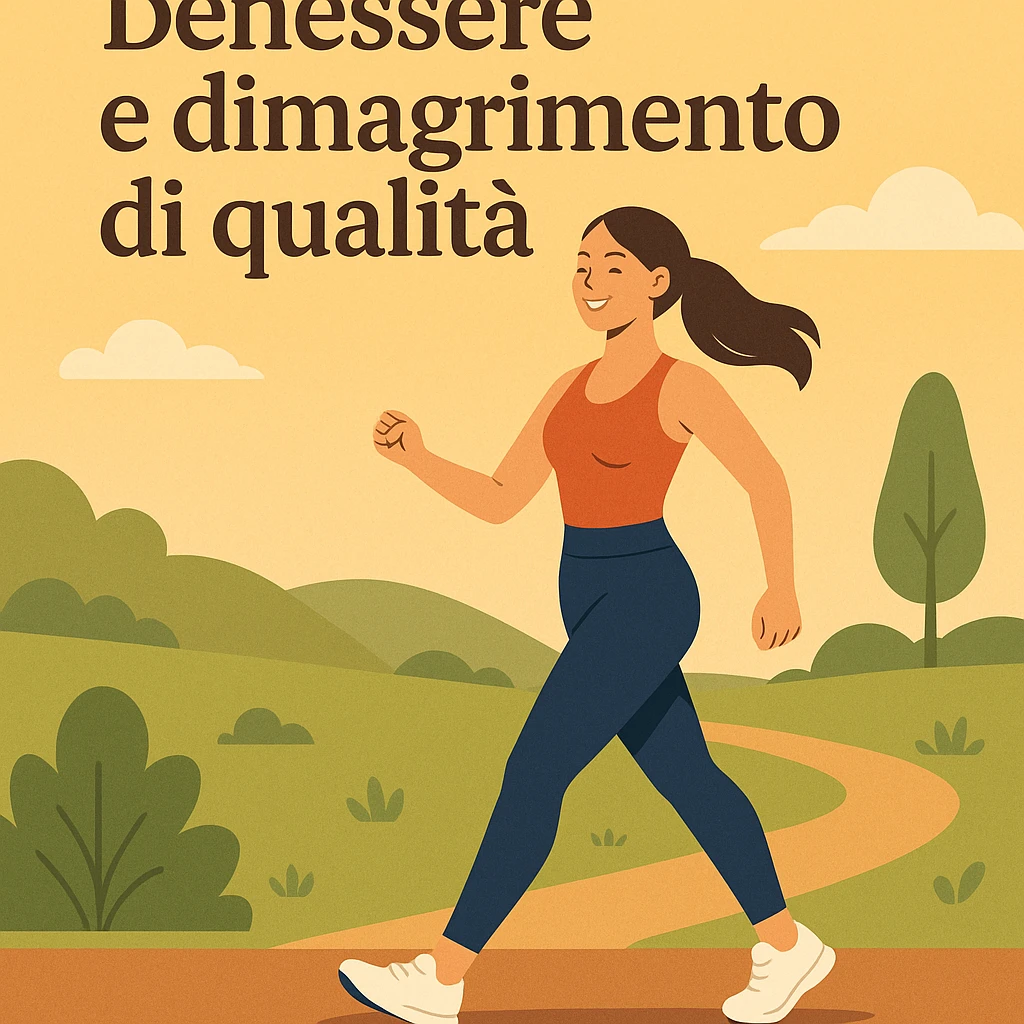 symbolic scene of a woman walking outdoors with confident steps, sporty clothing, harmonious silhouette, happy expression, Italian text: 'Benessere e dimagrimento di qualità', 4K quality emoji