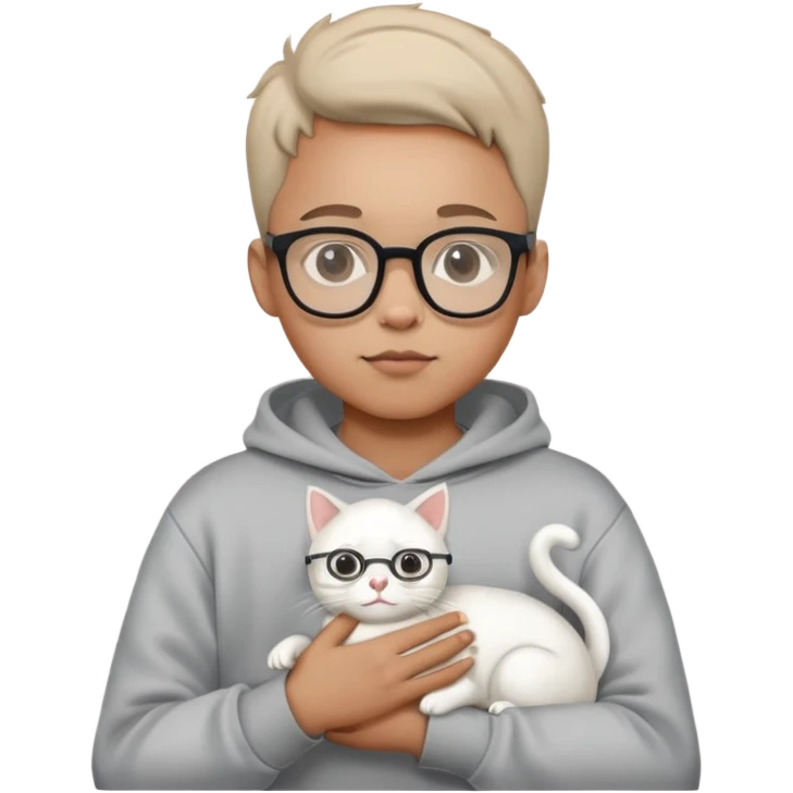 A boy wearing a sweatshirt and glasses holding a white cat emoji