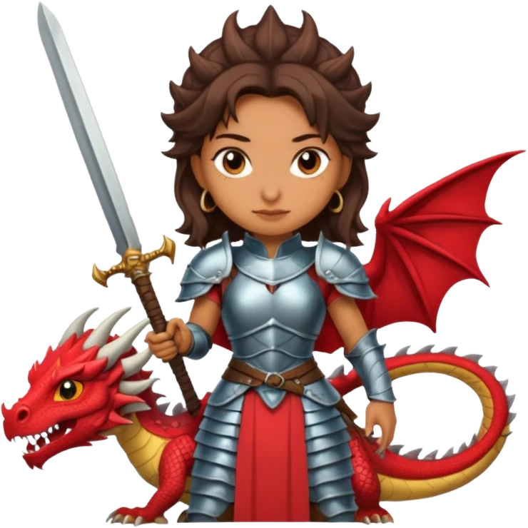 Fierce Latina in armor with a sword next to beheaded dragon emoji