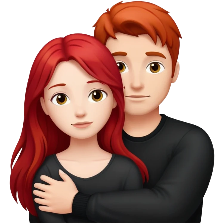 Red haired girl, hugging, long black haired man ￼ emoji